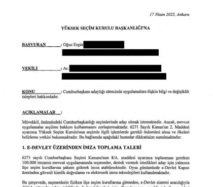 YSK 1. Başvuru belgesinin ilk sayfası